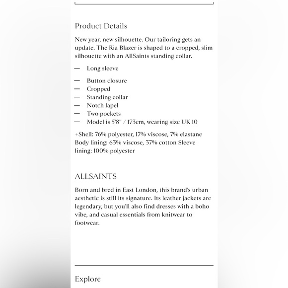 Allsaints RIA cropped blazer. New Without tag SOLD OUT - Picture 9 of 11